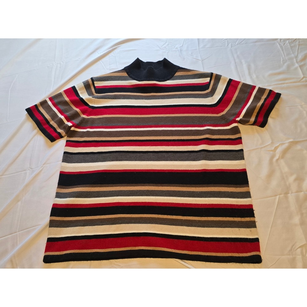 Sage Harbor Striped Short Sleeve Knit Top Mock Neck Acrylic Blend Women's Medium